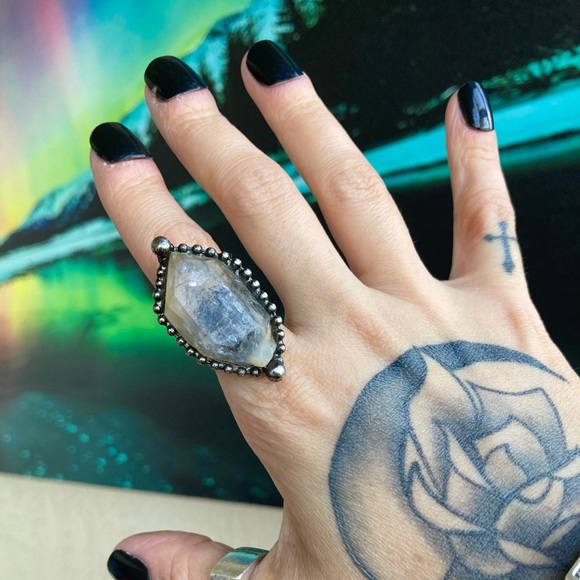 Natural phantom smokey crystal quartz gemstone adjustable ring boho goth - Picture 2 of 15